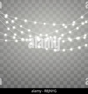Christmas lights. Xmas glowing garland. Holiday decorative design elements. Garlands decorations. Vector illustration isolated on transparent backgrou Stock Vector