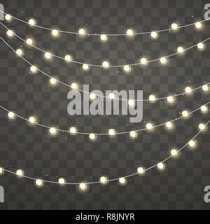 Christmas lights. Xmas glowing garland. Holiday decorative design elements. Garlands decorations. Vector illustration isolated on transparent backgrou Stock Vector