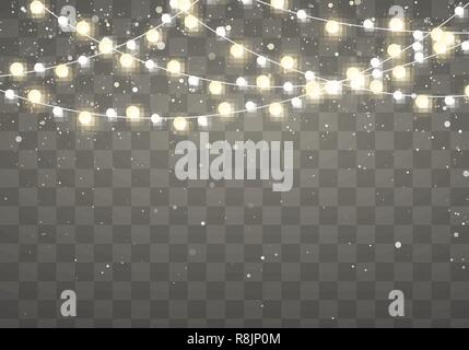 Christmas lights with glittering falling snowflakes isolated on transparent background. Xmas glowing garland. Holiday decorative design elements. Garl Stock Vector