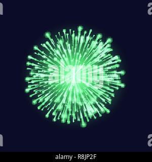 Firework isolated. Beautiful green firework on dark sky background. Bright decoration Christmas card, Happy New Year celebration or festival. Vector i Stock Vector