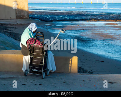 South Asian Lady sitting on the seafront and using her mobile phone at Redcar North Yorkshire Stock Photo