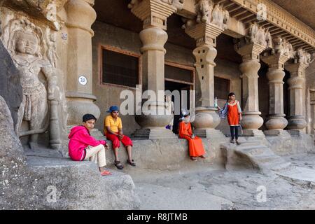 India, Maharashtra, Nashik, Pandav caves, indian tourists visiting the caves Stock Photo