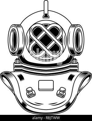 Vintage diver helmet in engraving style. Design element for logo, label, emblem, sign, poster, t shirt. Vector illustration Stock Vector