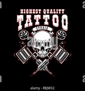 tattoo studio emblem template. Crossed tattoo machine, skull. Design element for logo, label, sign, poster, t shirt. Vector illustration Stock Vector