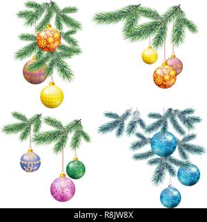 Set Christmas Holiday Decorations, Fir Branches and Colorful Glass Balls with Floral Patterns and Snowflakes. Vector Stock Vector