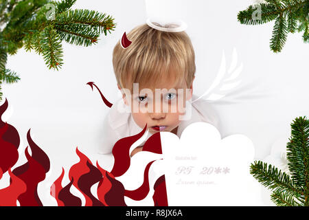 Naughty or good child for Christmas card? PF or letter to Santa-Claus for Christmas. Little child boy appearing as an adorable angelic devil Stock Photo