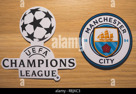 15 December 2018. Nyon Switzerland. The logo of the football club Manchester City F.C. and UEFA Champions League. Stock Photo