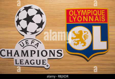 15 December 2018. Nyon Switzerland. The logo of the football club Olympique Lyonnais and UEFA Champions League. Stock Photo