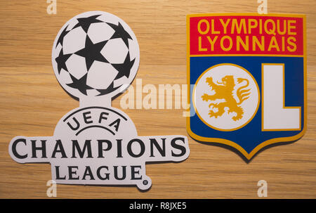 15 December 2018. Nyon Switzerland. The logo of the football club Olympique Lyonnais and UEFA Champions League. Stock Photo