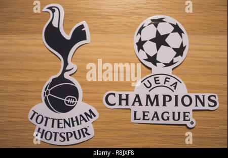 15 December 2018. Nyon Switzerland. The logo of the football club Tottenham Hotspur and UEFA Champions League. Stock Photo