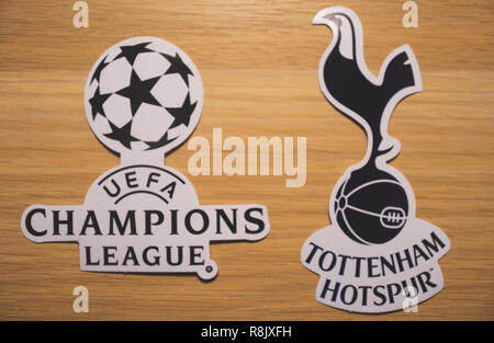 15 December 2018. Nyon Switzerland. The logo of the football club Tottenham Hotspur and UEFA Champions League. Stock Photo