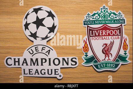 15 December 2018. Nyon Switzerland. The logo of the football club Liverpool F.C. and UEFA Champions League. Stock Photo