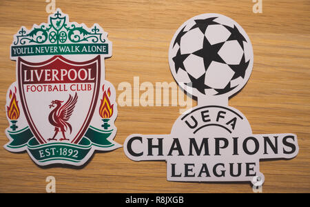 15 December 2018. Nyon Switzerland. The logo of the football club Liverpool F.C. and UEFA Champions League. Stock Photo