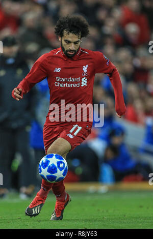 11th December 2018, Anfield, Liverpool, England; UEFA Champions League, Liverpool v Napoli ; ,Mohamed Salah with the ball      Credit: Mark Cosgrove/News Images Stock Photo