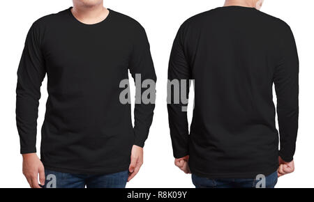 Black long sleeved t-shirt mock up, front and back view, isolated. Male model wear plain black shirt mockup. Long sleeve shirt design template. Blank  Stock Photo