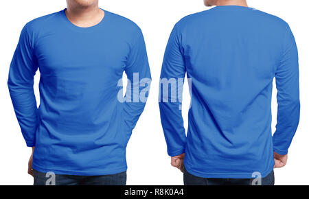 Blue long sleeved t-shirt mock up, front and back view, isolated. Male model wear plain navy blue shirt mockup. Long sleeve shirt design template. Bla Stock Photo