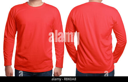 Download Male model wear plain red long sleeve t-shirt mockup template isolated on white background with ...