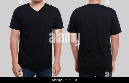 Black t-shirt mock up, front and back view, isolated. Male model wear plain black shirt mockup. V-Neck shirt design template. Blank tees for print Stock Photo