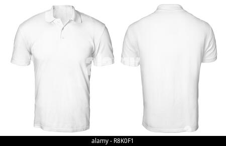 Blank polo shirt mock up template, front and back view, isolated on white, plain t-shirt mockup. Polo tee design presentation for print. Stock Photo