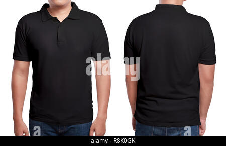 Black polo t-shirt mock up, front and back view, isolated. Male model wear plain black shirt mockup. Polo shirt design template. Blank tees for print Stock Photo