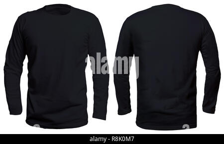 Blank long sleve shirt mock up template, front and back view, isolated on white, plain black t-shirt mockup. Long sleeved tee design presentation for  Stock Photo