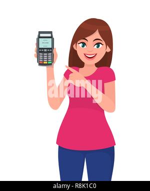 Young woman showing/holding pos payment terminal or credit/debit cards swiping machine and pointing finger. Wireless modern bank payment, business and Stock Vector