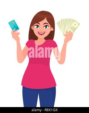 Attractive young woman holding or showing a credit/debit card and cash/money/currency notes in hand. Wireless modern bank payment. Business, payment a Stock Vector