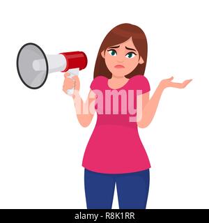 Doubtful woman shrugging and showing hand gesture while holding a megaphone/loud speaker. Oops! Sorry! Question. I do not know. Human emotion and body Stock Vector