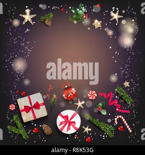 Holiday card with Christmas decorations and balls, stars, gift boxes, fir tree branches on violet background. Christmas square festive template. Stock Vector