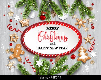 Holiday illustration with baubles, gingerbreads, stars, snowflakes on wood background. Christmas festive template with Christmas tree branches. Stock Vector