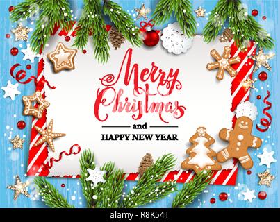 Holiday illustration with baubles, gingerbreads, stars, snowflakes on wood background. Christmas festive template with Christnas tree branches. Stock Vector