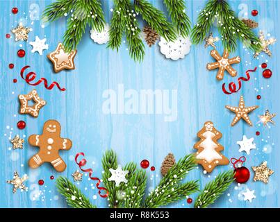 Holiday illustration with baubles, gingerbreads, stars, snowflakes on wood background. Christmas festive template with Christnas tree branches. Stock Vector