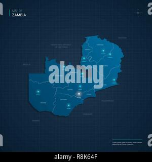 Vector Zambia map illustration with blue neon lightpoints - triangle on dark blue gradient background. Administrative divisions Stock Vector