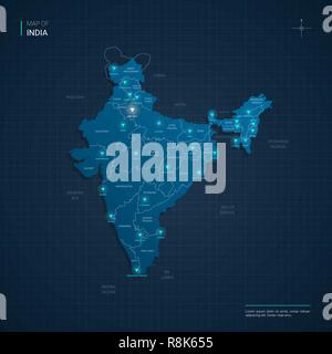 Vector India map illustration with blue neon lightpoints - triangle on dark blue gradient background. Administrative divisions Stock Vector