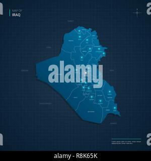 Vector Iraq map illustration with blue neon lightpoints - triangle on dark blue gradient background. Administrative divisions Stock Vector
