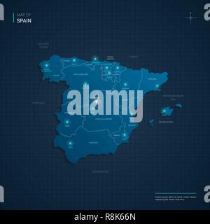 Vector Spain map illustration with blue neon lightpoints - triangle on dark blue gradient background. Administrative divisions Stock Vector