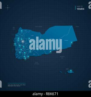 Vector Yemen map illustration with blue neon lightpoints - triangle on dark blue gradient background. Administrative divisions Stock Vector