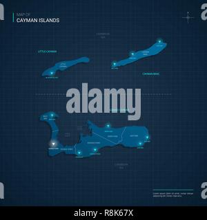 Vector Cayman islands map illustration with blue neon lightpoints - triangle on dark blue gradient background. Administrative divisions Stock Vector