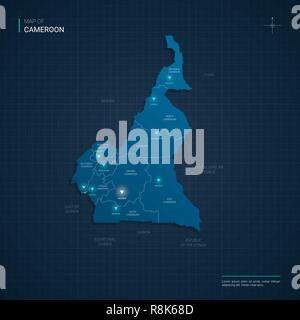 Vector Cameroon map illustration with blue neon lightpoints - triangle on dark blue gradient background. Administrative divisions Stock Vector