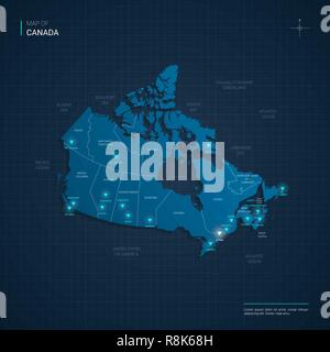 Vector Canada map illustration with blue neon lightpoints - triangle on dark blue gradient background. Administrative divisions Stock Vector