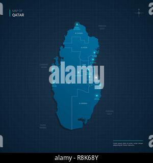 Vector Qatar map illustration with blue neon lightpoints - triangle on dark blue gradient background. Administrative divisions Stock Vector