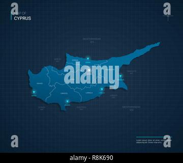 Vector Cyprus map illustration with blue neon lightpoints - triangle on dark blue gradient background. Administrative divisions Stock Vector