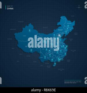 Vector China map illustration with blue neon lightpoints - triangle on dark blue gradient background. Administrative divisions Stock Vector