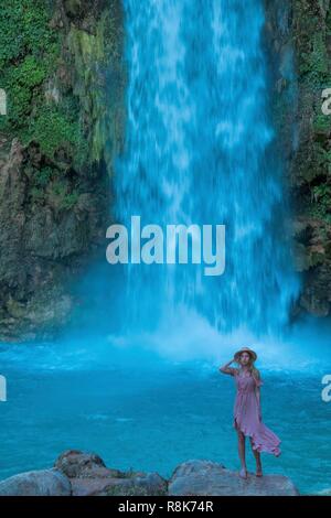 United States, Arizona, Grand Canyon National Park, Indian Reservation of Havasupai, famous for its 5 turquoise -blue waterfalls, Havasu Falls Stock Photo