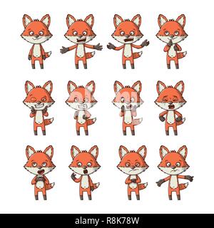 Funny cartoon fox set with different emotions Stock Vector