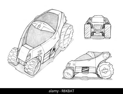 Pencil Concept Art Drawing of Small Futuristic Off-Road Car Design Stock Photo