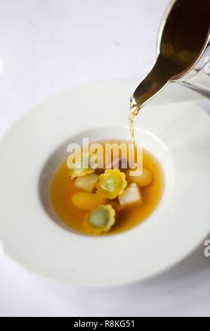 France, Ain, Mionnay, restaurant Maison Chapel, consumes game hairs and feathers, soissons and ravioli soup herbs Stock Photo