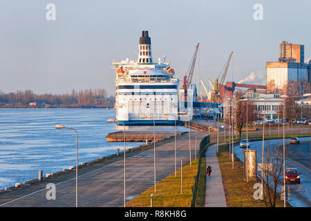 Large touristic ferry at Daugava River in Riga in Latvia. Stock Photo