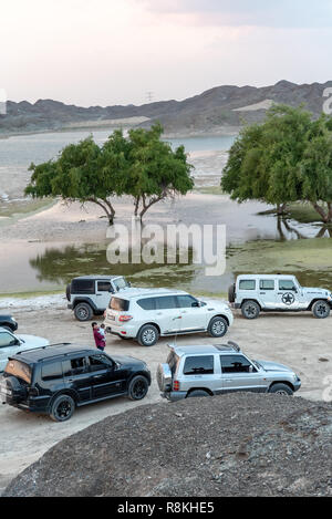 Wadi Al Qor, Sharjah, United Arab Emirates, December 14, 2018, road trip from Wadi Al Qor to Buraq Dam in the mountains, highest place of the road is  Stock Photo