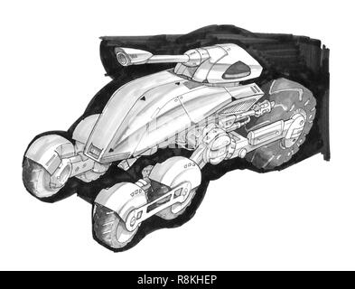 Black Ink Concept Art Drawing of Sci-fi Future Military Tank Design Stock Photo